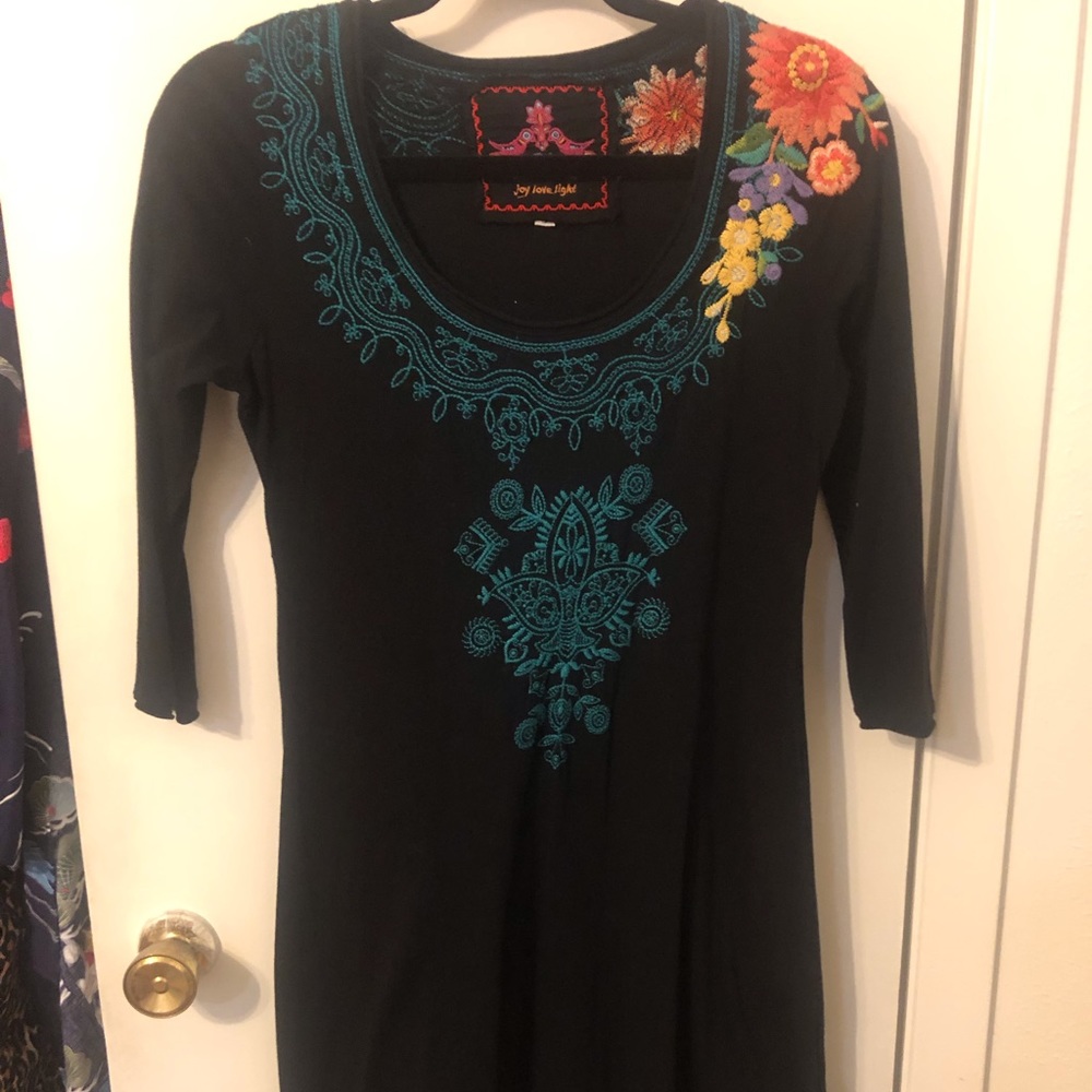 Johnny Was Joy Love Light Embroidered Black knit dress Small, 100% Cotton